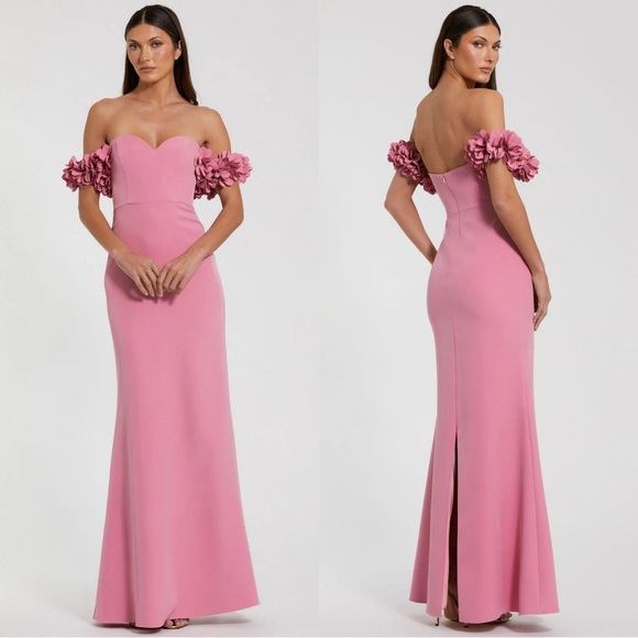 Mac Duggal 56131 Crepe Off The Shoulder 3D Flowers Gown Size 4 NWT Barbie Rose